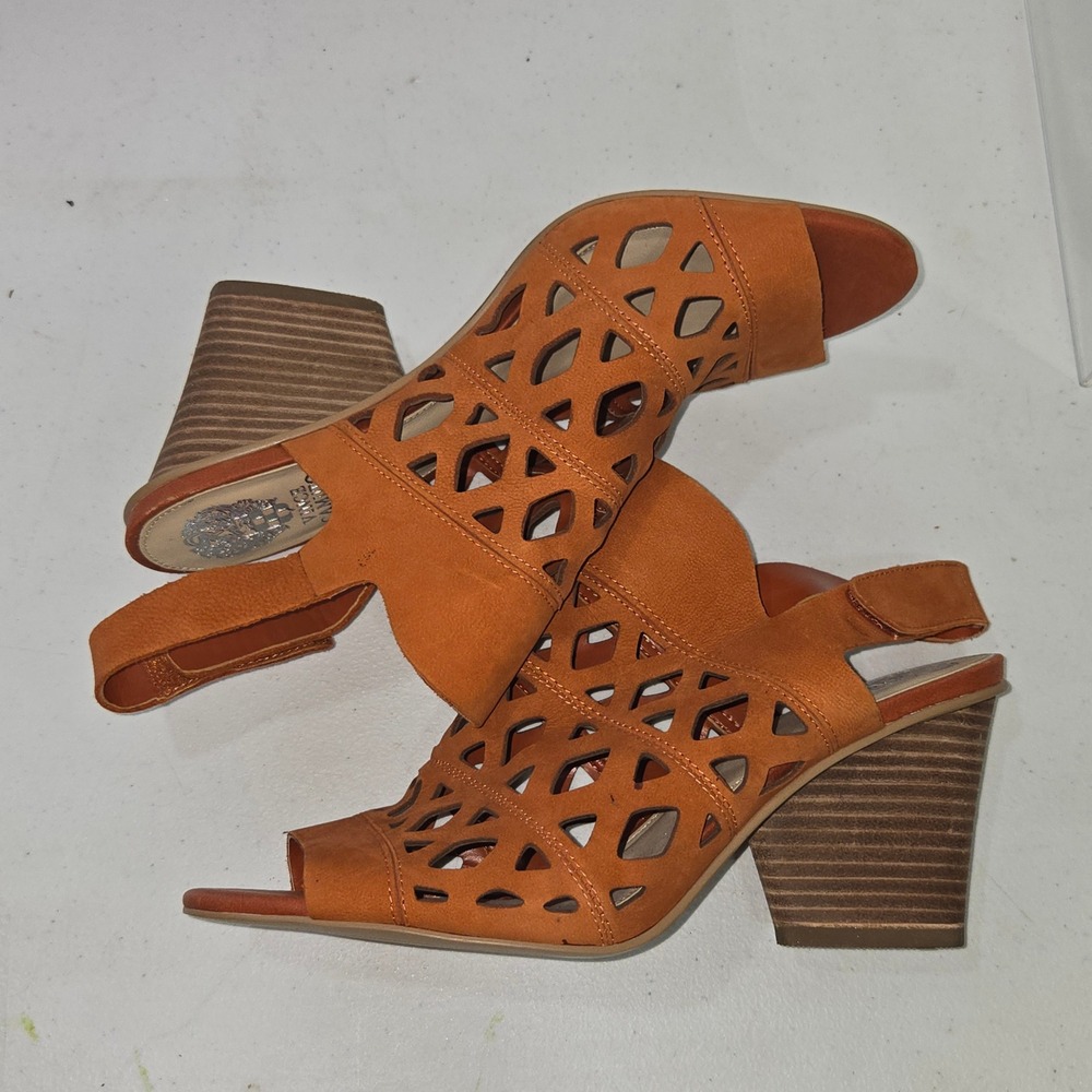 Vince Camuto VC-Deverly Leather Laser Cut Block Heel Sandals Orange Tan Size 10M - Picture 6 of 10